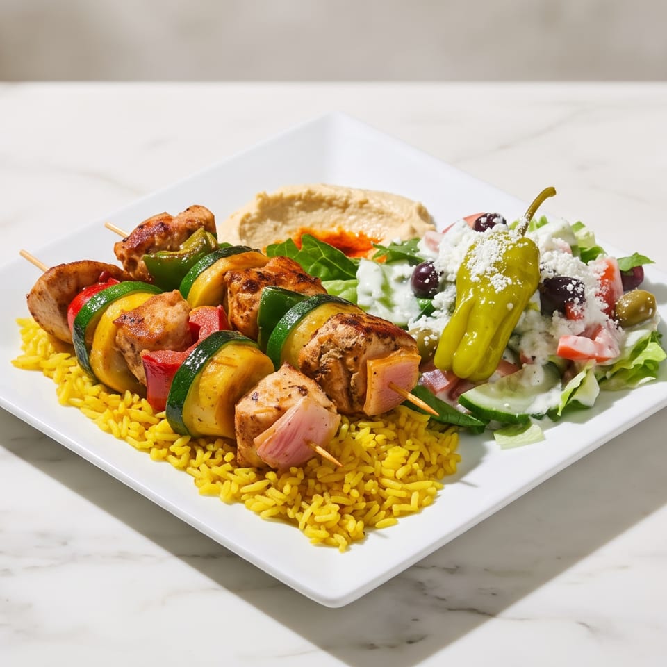 Grilled chicken and vegetable skewers over yellow rice with hummus, Greek salad, feta, and pepper on a white plate.