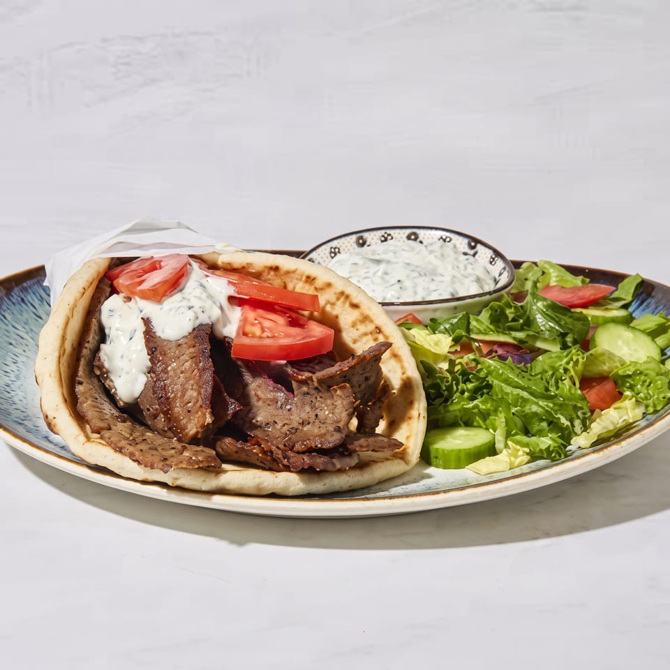 Gyro pita topped with tomatoes and tzatziki, served with Greek salad and extra tzatziki on a platter.