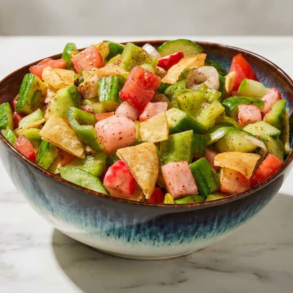 Colorful salad with cucumber, tomato, peppers, fruit, and crispy pita pieces served in a blue ceramic bowl.