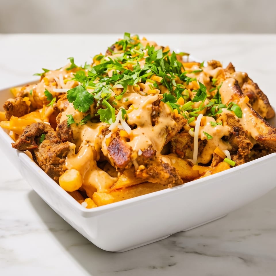Loaded fries topped with crispy chicken, creamy orange sauce, shredded cheese, and fresh herbs in a white serving dish.