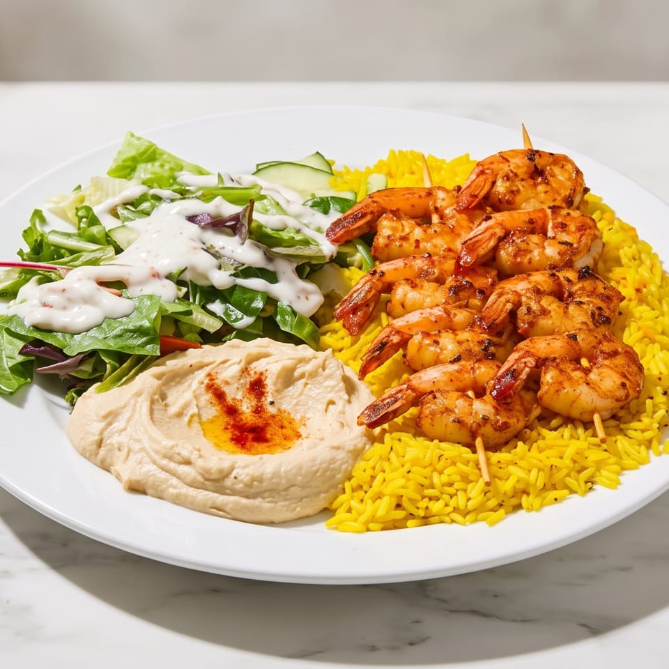 Plate of grilled shrimp over yellow rice with salad, creamy dressing, and hummus on a marble table.