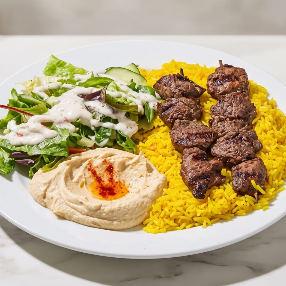 Grilled beef kebabs with yellow rice, hummus, and dressed green salad on a white plate.
