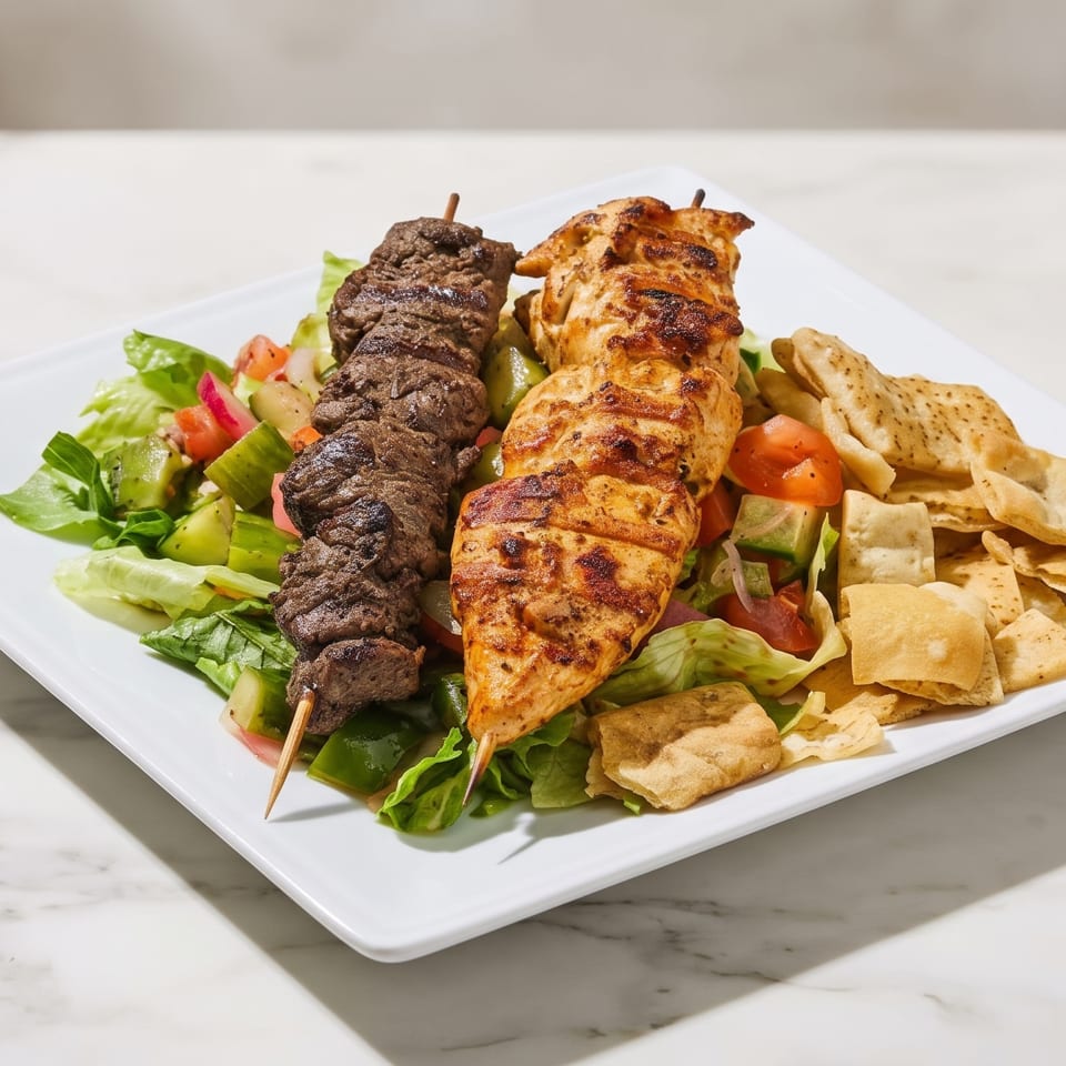 Grilled beef and chicken skewers served over salad with tomatoes, cucumbers, and pita chips on a white plate.